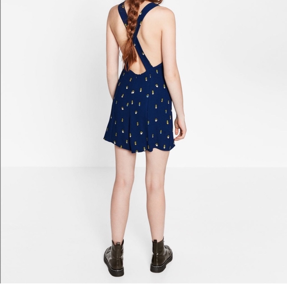 Zara Navy Blue Embellished Open-Back Romper – Size M Cactus Print